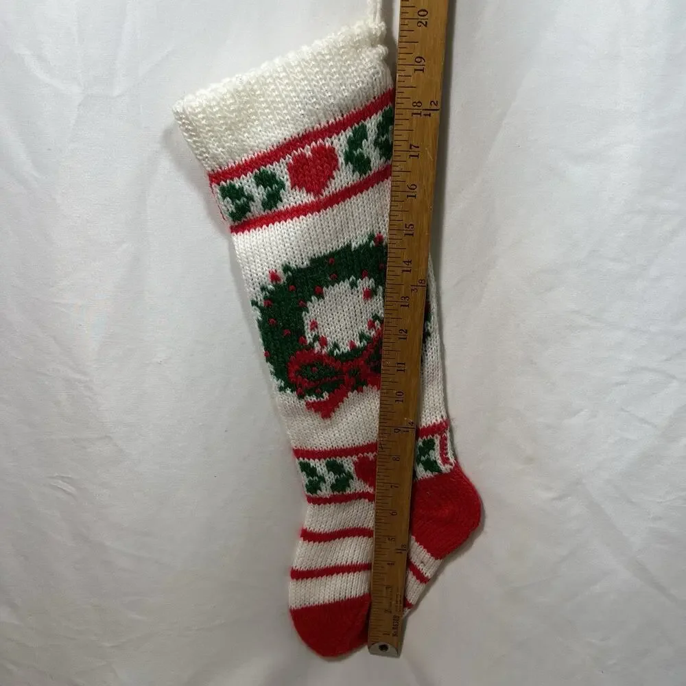 Vintage Knit Christmas Stocking with Wreath & Hearts Red White Green Country